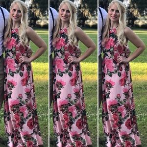 Womens Halter Neck Vintage Floral Print Maxi Dress
